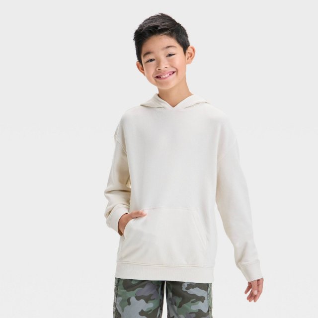 Item #58 — Boys' French Terry Hooded Pullover Sweatshirt - Cat & Jack™ Beige L: Cotton, Midweight, Kangaroo Pocket, Ribbed Cuff, Machine Washable