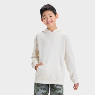 Item #58 — Boys' French Terry Hooded Pullover Sweatshirt - Cat & Jack™ Beige L: Cotton, Midweight, Kangaroo Pocket, Ribbed Cuff, Machine Washable